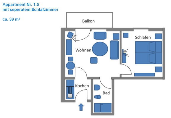 Appartement 1.5 mit separatem Schlafzimmer