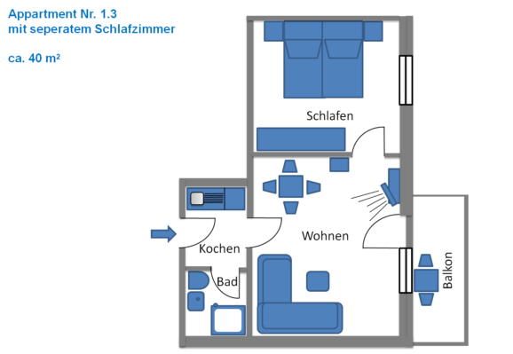 Appartement 1.3 mit separatem Schlafzimmer
