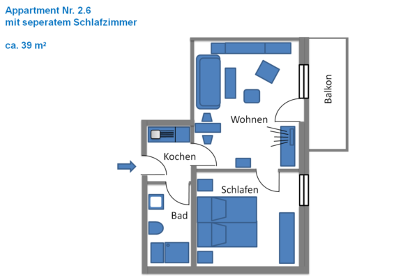 Appartement 2.6 mit separatem Schlafzimmer