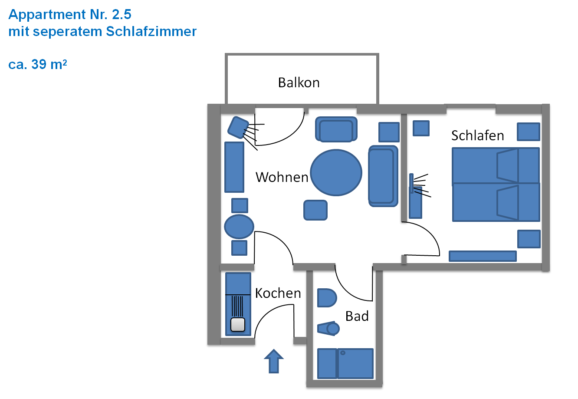 Appartement 2.5 mit separatem Schlafzimmer