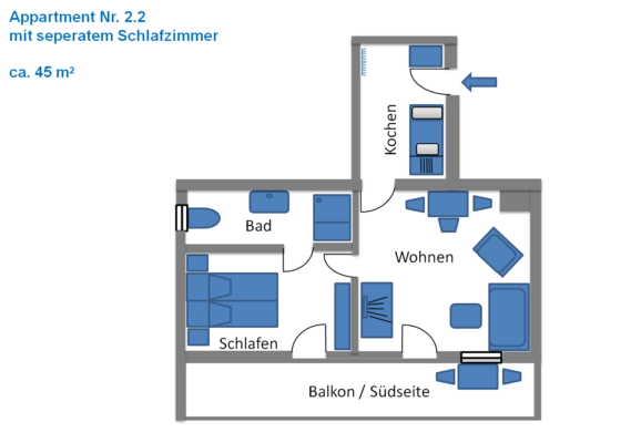 Appartement 2.2 mit separatem Schlafzimmer