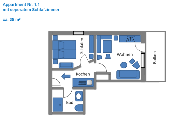 Appartement 1.1 mit separatem Schlafzimmer